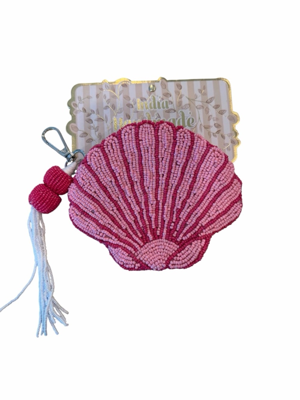 Handmade Pink Beaded Shell Keychain Pouch